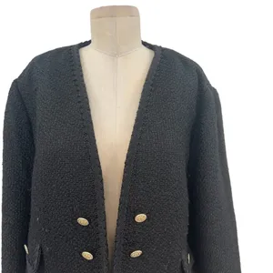 Zara Jacket Button Textured Tweed Gold‎ Button Open Cropped Black Blazer XXL thumbnail 5