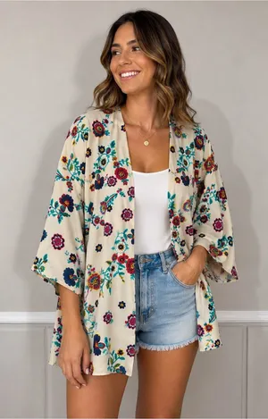 Floral Open-Front Kimono in Cream thumbnail 1