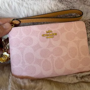 NWT Coach CEF72 Corner Zip Wristlet Signature Canvas with Charm Gold Powder Pink thumbnail 1