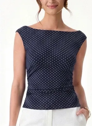 OGL Women Size XS Navy White Polka Dot Boatneck Ruched Bra Top Built-In Pads thumbnail 1