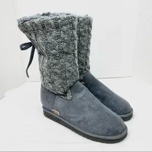 Muk Luks Cozy Grey Cable Knit & Faux Suede Sherpa Boots thumbnail 1