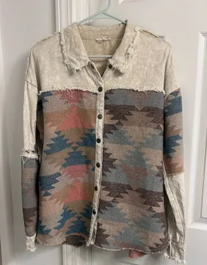 Southwestern Pattern Button-Up Shirt Jacket in Cream, Blue & Brown thumbnail 1