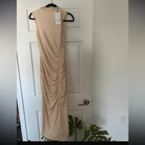Zara Sleeveless Ruched Midi Dress in Beige thumbnail 5