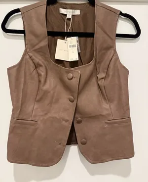Anthropologie Taupe Leather Button-Front Vest thumbnail 1