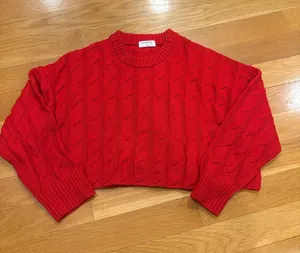 Aritzia Red Cable-Knit Cropped Crewneck Sweater thumbnail 1