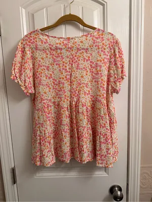 Floral Ruffled Peplum Tunic Top - Pink & Orange on Cream thumbnail 3
