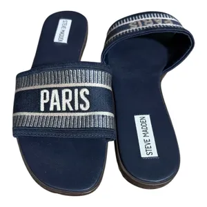 Steve Madden Knox Navy Embroidered 'PARIS' Slide Sandals thumbnail 3