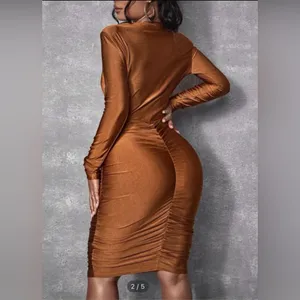 SHEIN Brown Ruched Bodycon Dress Cowl Neck Sleeveless thumbnail 2