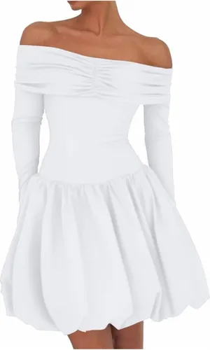 NEW White Off Shoulder Mini Bubble Dress Long Sleeve Drop Waist M thumbnail 1