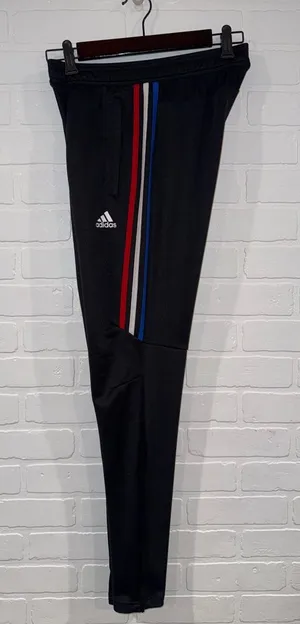 Adidas Black Track Pants with Red, White, and Blue Accents and Pockets thumbnail 1