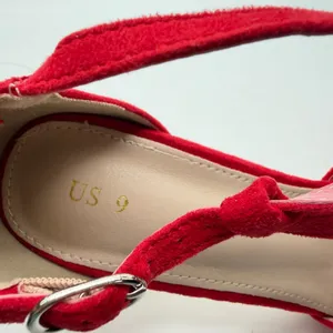 Red Faux Suede T-Strap Pumps Womens Size 9 Round Toe Stiletto Heels Ankle Strap thumbnail 7