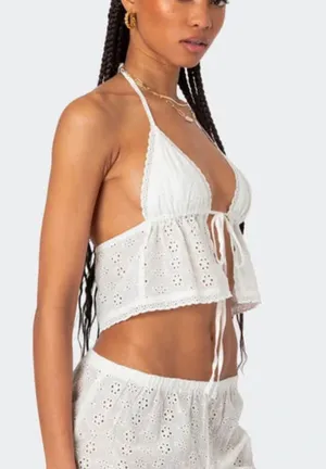 Edikted Jael Tie Front Eyelet Halter Top white  — Trendy going out top  thumbnail 2