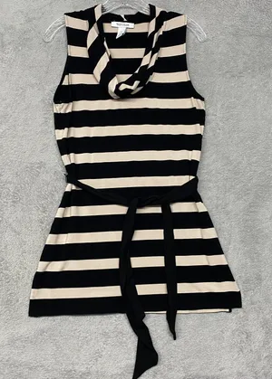 White House Black Market Dress Womens Medium Black Beige Stripe Cowl Belt Knit thumbnail 1