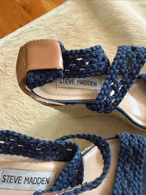 Steve Madden Navy Braided Espadrille Wedges with Tan Trim thumbnail 5