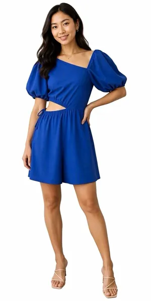 Kirundo NWT Blue Puff Sleeve Asymmetrical Neckline Cut-Out Mini Dress Size M thumbnail 1