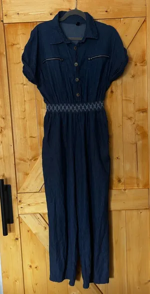 Indigo & Lace Denim Jumpsuit Smocked Waist Blue Size‎ L thumbnail 1