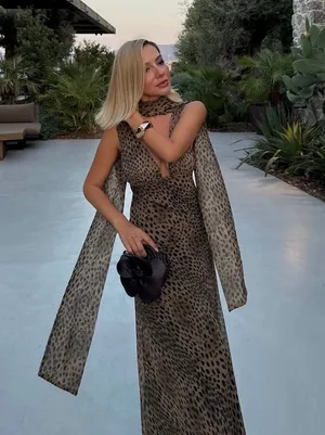 Zara Leopard Print Evening Gown with Scarf maxi dress thumbnail 1