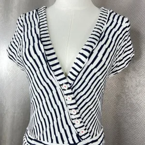 Maeve Anthropologie Womens Black White Striped Faux Wrap Midi Dress Medium A35 thumbnail 6