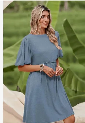 New Blue crew Neck Tunic Mini Tiered Babydoll Dress S thumbnail 6