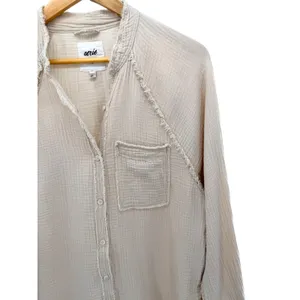 Aerie Gauze Button Up Shirt Beige Frayed Collar Long Sleeve Casual Oversized XXS thumbnail 2