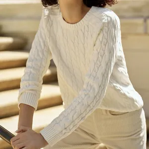 LL Bean Ivory Pullover Cable Crew‎ Neck Long Sleeve Cotton Sweater Size MEDIUM thumbnail 3