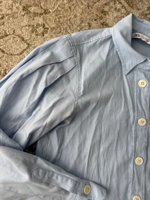 Women’s Zara blue balloon sleeve button down cotton blend blouse shirt thumbnail 6