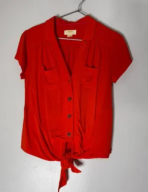 Maeve by Anthropologie Red Button Down Tie Front Shirt Sleeve Collar Top 0‎ thumbnail 1