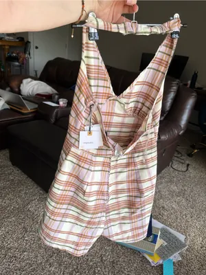 Plaid V-Neck Sleeveless Mini Dress Romper in Pink and Olive thumbnail 2