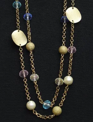 NWT Erica Lyons Womens Long Beaded Coin Doubled Necklace Gold Multi 33.5" + 3" thumbnail 1