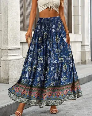 Bohemian Floral Border Print Maxi Skirt Size L NWT Smocked Waist Hippie thumbnail 1
