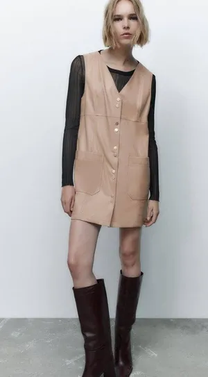 Zara FAUX LEATHER MINI PINAFORE DRESS in Beige thumbnail 2
