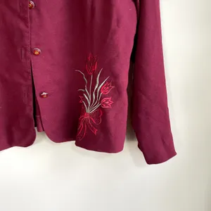 Vintage button front deep‎ red embroidered cardigan jacket women's floral size L thumbnail 2