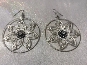Ann Taylor Sheer Black Lace Top + Silver Floral Statement Earrings | Chic bundle thumbnail 3