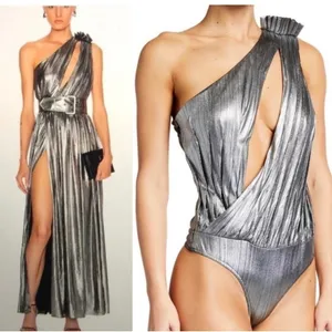 Retrofête Cassie‎ Lamé One-Shoulder Bodysuit Gunmetal Size S thumbnail 2