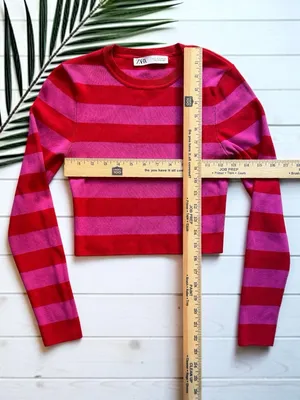 Zara Knit Cropped Sweater Pink Red Stripe Long Sleeve Top Medium thumbnail 4