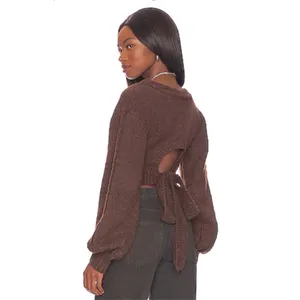 For Love & Lemons Amelia Knit Cropped Sweater W/ Tie Back‎ Brown S $125 thumbnail 2
