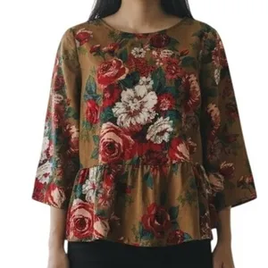 BROOKS BROTHERS Red Fleece Floral Peplum Cotton Blouse 3/4" Sleeves EUC‎ Size 6 thumbnail 1