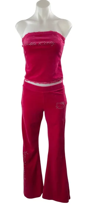 Forever 21 Hello Kitty Pink Tube Bandeau Rhinestone Flare Pants 2 Piece Set Sz S thumbnail 1