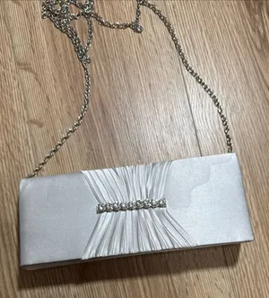 Gunne Sax Silver Satin Evening Clutch‎ with Rhinestone Chain thumbnail 1