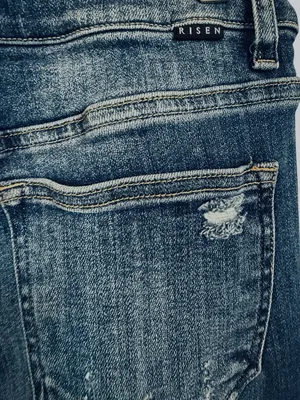 Risen Jeans Women’s 9/29 Mid Rise Distressed Bootcut Jeans Raw Hem Stretch Denim thumbnail 6
