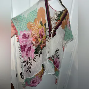 Z&L Europe Floral Textured Pom-Pom Open Front Pattern Airy Caftan Cover Up Sz L thumbnail 10
