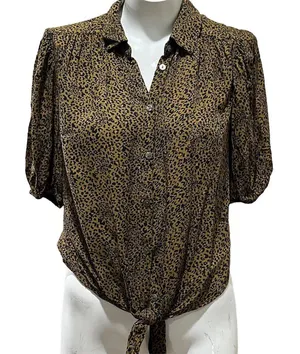 Free People Celia Leopard Print Tie-Front Blouse Brown Size Small Short Sleeve thumbnail 1