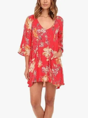 Free People Pink Red Floral Eyes On Your Floral Trapeze Dress w Pockets thumbnail 3