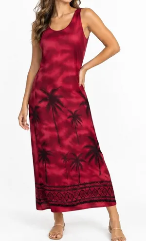 R&K Originals Red Black Tropical Palm Tree Border Print Sleeveless Dress Size 8 thumbnail 1
