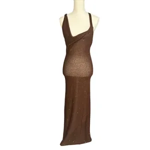 SOVERE Spark Dress in Coffee Medium New Womens Knit Crochet sequin Maxi Gown thumbnail 5