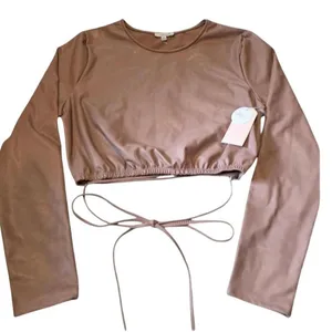 NWT Blushe Boutique Long Sleeve Faux Leather Tie Wrap Top thumbnail 1