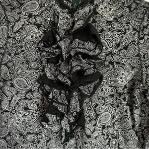 Lauren Ralph Lauren Black White Paisley Ruffle Front Long Sleeve Blouse Sz S thumbnail 4