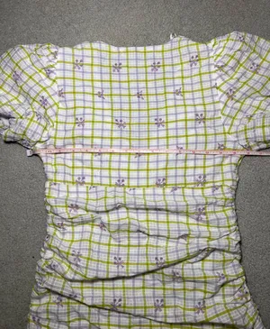 Zara Checkered Floral Print Draped Balloon Sleeve with Embroidered Eyelet Detail Mini Dress Size Small thumbnail 7