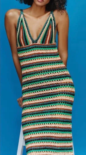 Zara Crochet Knit Striped Maxi Dress thumbnail 1