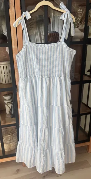 NWT J. Crew smocked midi dress tie shoulder bows striped pockets coastal cotton thumbnail 1